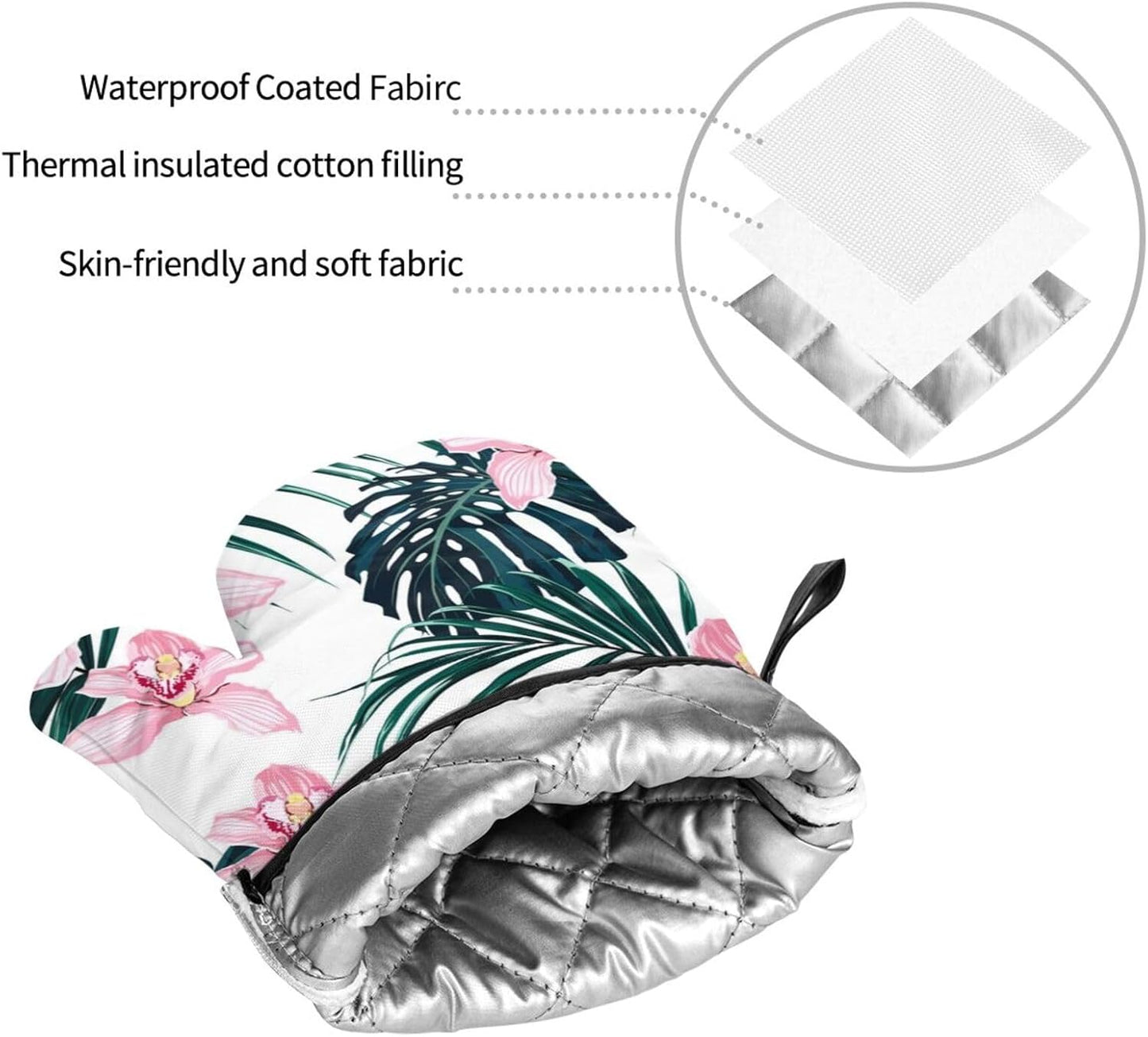 Tropical Vivid Foliage Monstera Leaf Palm Leaves Pink Orchid Flowers 4 Pack Custom Design Oven Mitts Pot Holders Set, Thick Polyester Kitchen Gloves for Home Baking Backyard Grilling