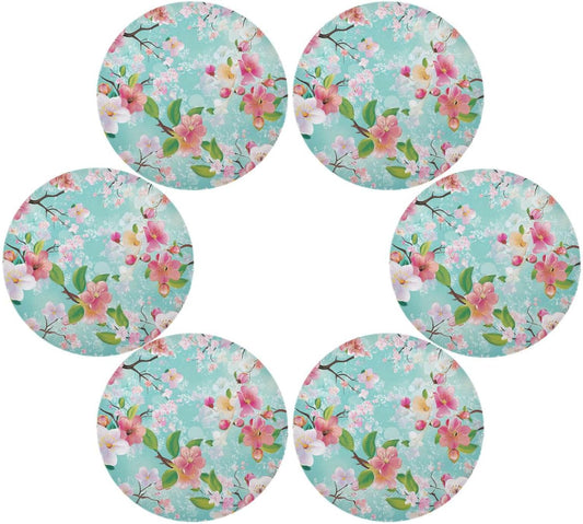 Spring Peach Flower Blue Pattern Round placemates Toddlers Waterproof Dining Table Set 6 15.4x15.4in
