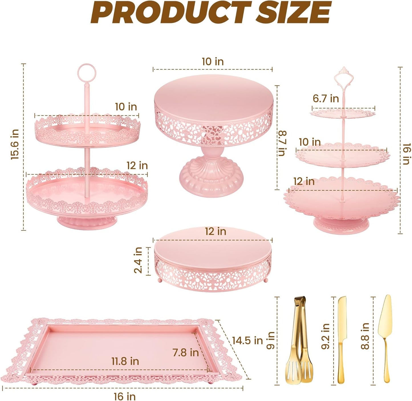 Pink Dessert Table Display Set Cake Stand, Metal Tiered Cupcake Holder Food Candy Plate Serving Tower Tray Platter With Tong, Cake Knife and Server Set For Wedding Baby Shower Celebration Decor 11PCS