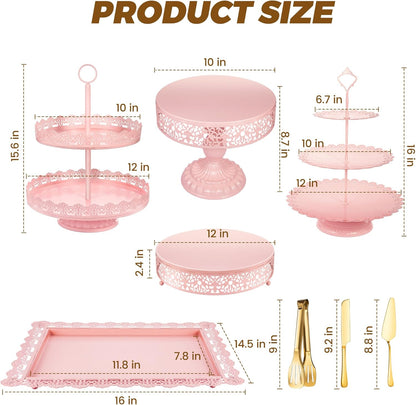 Pink Dessert Table Display Set Cake Stand, Metal Tiered Cupcake Holder Food Candy Plate Serving Tower Tray Platter With Tong, Cake Knife and Server Set For Wedding Baby Shower Celebration Decor 11PCS