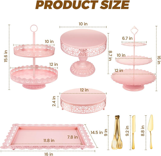Pink Dessert Table Display Set Cake Stand, Metal Tiered Cupcake Holder Food Candy Plate Serving Tower Tray Platter With Tong, Cake Knife and Server Set For Wedding Baby Shower Celebration Decor 11PCS