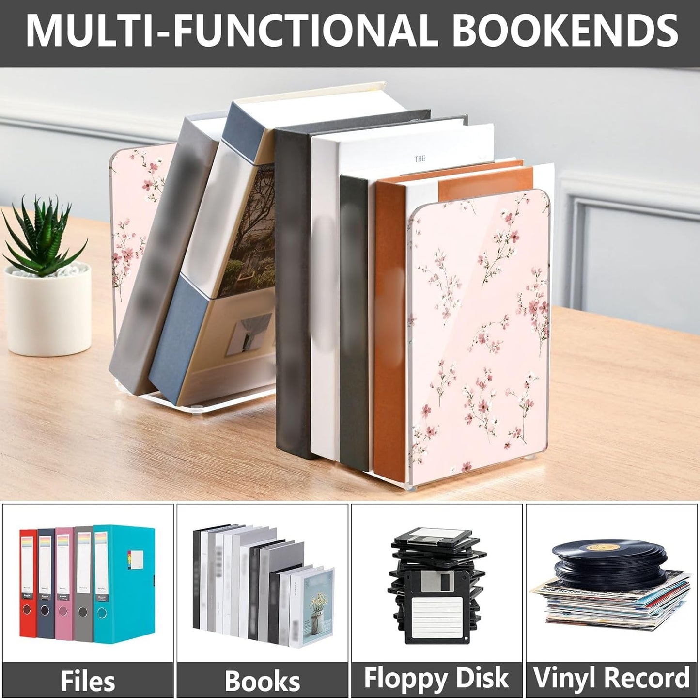 Light Pink Small Floral 1 Bookends Book Ends for Shelves Heavy Books Stopper Decorative Acrylic Non-Slip 1 Pair