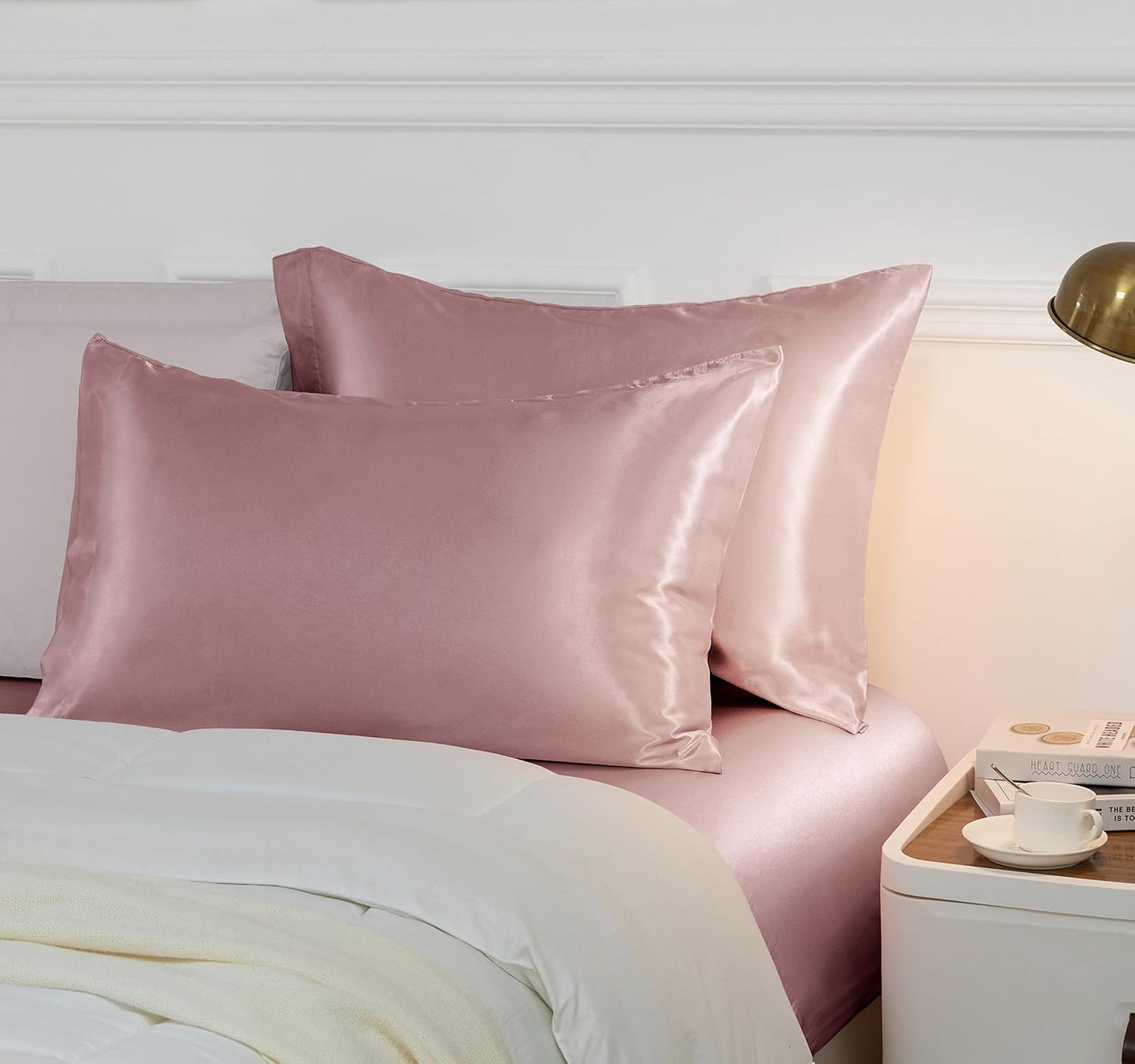 Vonty 2Pcs Standard Satin Pillowcases - 20x26 Pillow Cases, Pink Champagne Pillow Cases for Skin Friendly and Hair Protection - Cooling & Silky Satin Pillow Covers with Envelop Closure