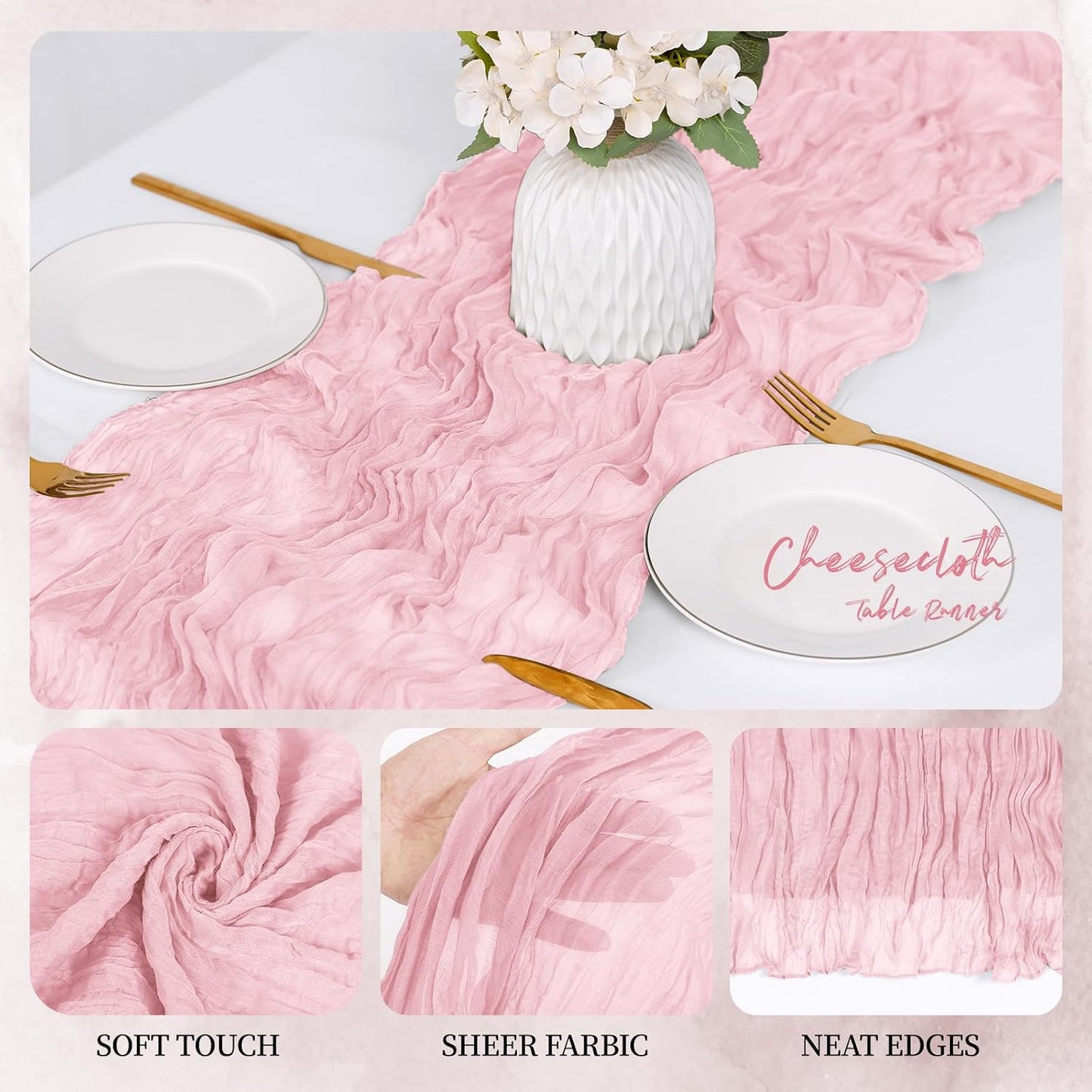 6 Pack Light Pink Cheesecloth Table Runner 17x108 Inch Semi Sheer Boho Gauze Cheese Cloth Fabric Table Runners, for Wedding Party Baby Shower Birthday Home Decor Garden Farmhouse