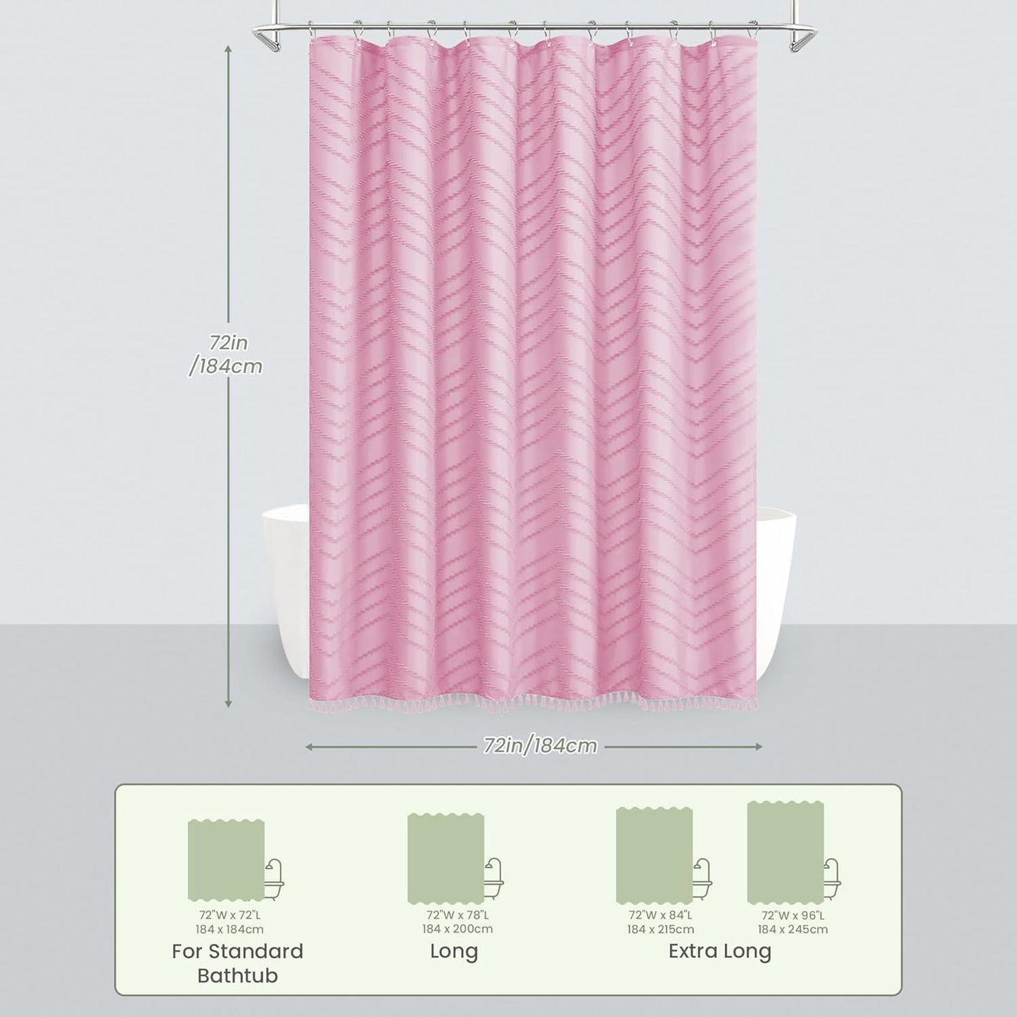 Inhousolu Boho Woven Fabric Shower Curtain, Tufted Textured Chevron Striped Tassel, Modern Farmhouse Minimalist Cloth, Water-Repellent Washable Bath Curtain for Bathroom Hotel, 72" W x 72" L, Pink
