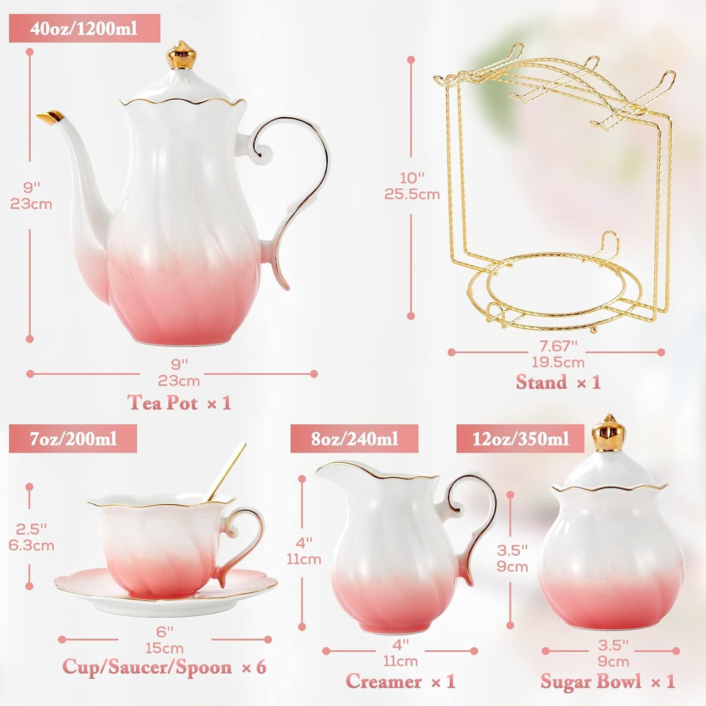 DUJUST 22 pcs Porcelain Tea Set for 6, Luxury British Style Tea/Coffee Cup Set with Golden Trim, Beautiful Tea Set for Women, Tea Party Set, Gift Package (With a Stand) - Gradient Pink