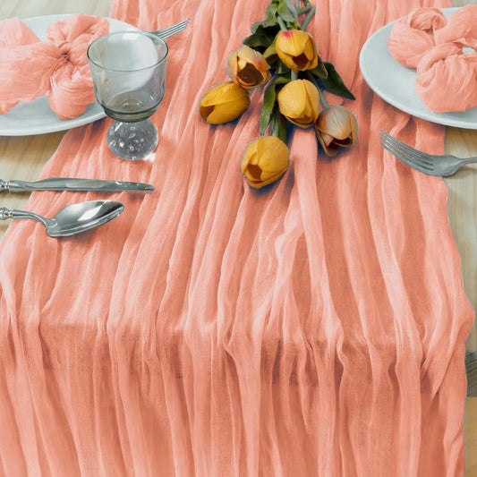 Mothers Day Table-Runner, Coral Peach 120 inch 10FT Cheese Cloth Runner for Wedding Party Baby Shower Birthday Home Decor Holiday Decorations