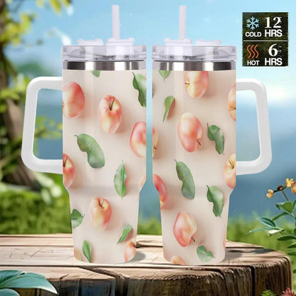 40oz Tumbler with Handle, Peaches And Green Leaves Pattern Printed Stainless Steel Travel Mug, Insulated Car Cup with Straw, Keeps Drinks Hot & Cold, Personalized Gift for Women & Men