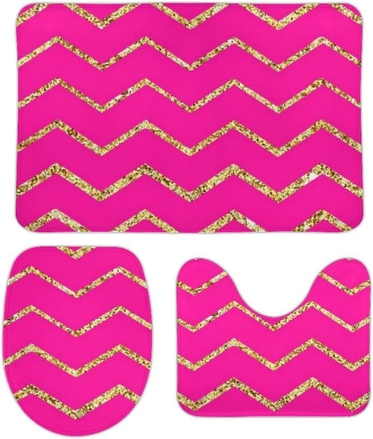 3 Pieces Bath Rug Set, Chevron Zig Zag Pink Gold Glitter Pattern Bathroom Mat Set Non Slip & Absorbent Bath Carpet, U Shaped Contour Rug & Toilet Lid Cover