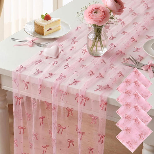 5 Pcs Bow Lace Table Runners 29 x 70 Inch Pink Tulle Glitter Table Runner Cute Bow Tablecloth for Birthday Baby Shower Wedding Home Table Decor