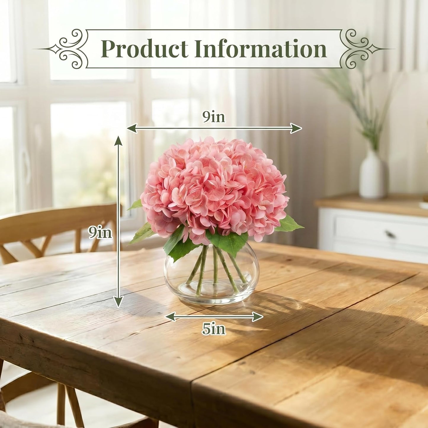 Hydrangea Artificial Flowers with Vase, Real Touch Latex Fake Hydrangeas Spring Stem Leaves Bouquet with Faux Water, Realistic Faux Flower for Home Office Bedroom Table Centerpiece Decor Pink