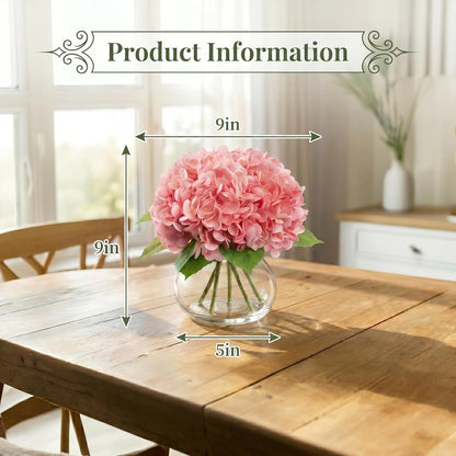 Hydrangea Artificial Flowers with Vase, Real Touch Latex Fake Hydrangeas Spring Stem Leaves Bouquet with Faux Water, Realistic Faux Flower for Home Office Bedroom Table Centerpiece Decor Pink