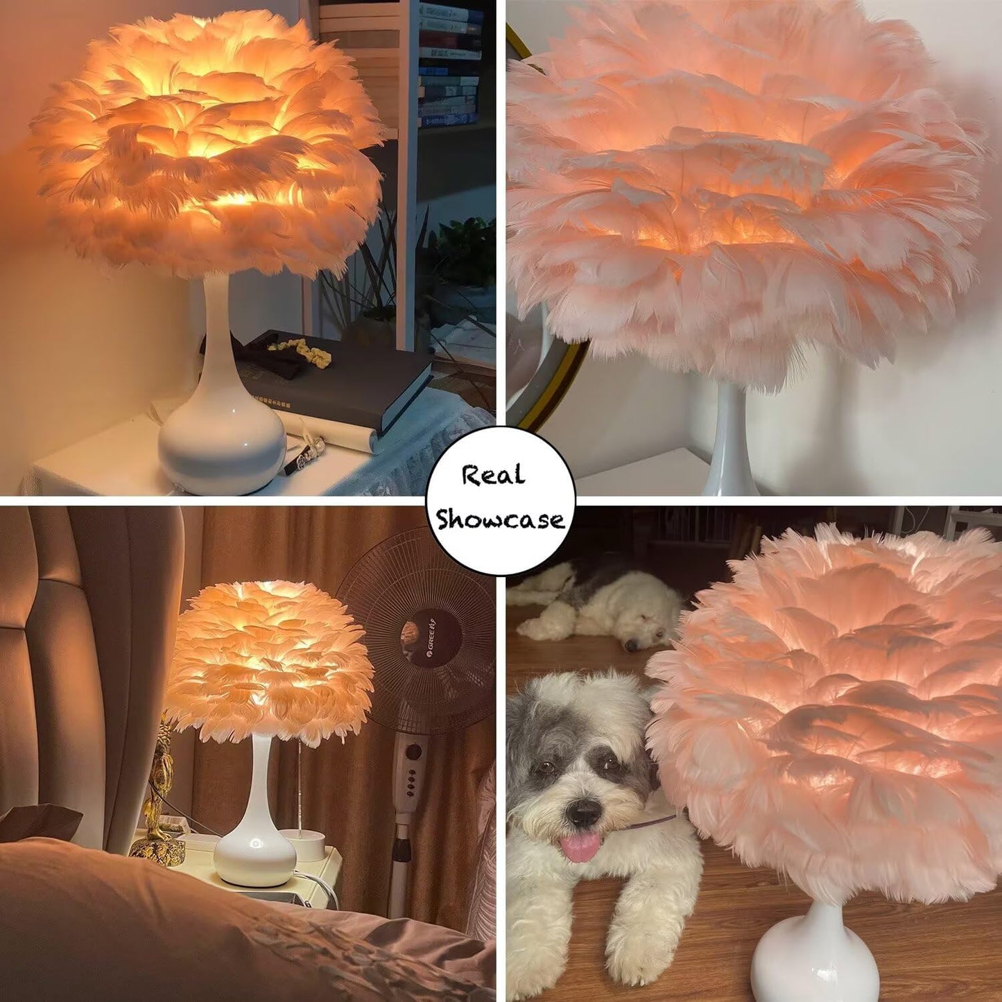 Elegant White Feather Table Lamp Bedside Lamp with Touch Switch Feather Table Light Desk Feather Lampshade for Bedroom, Home Decoration, Pink