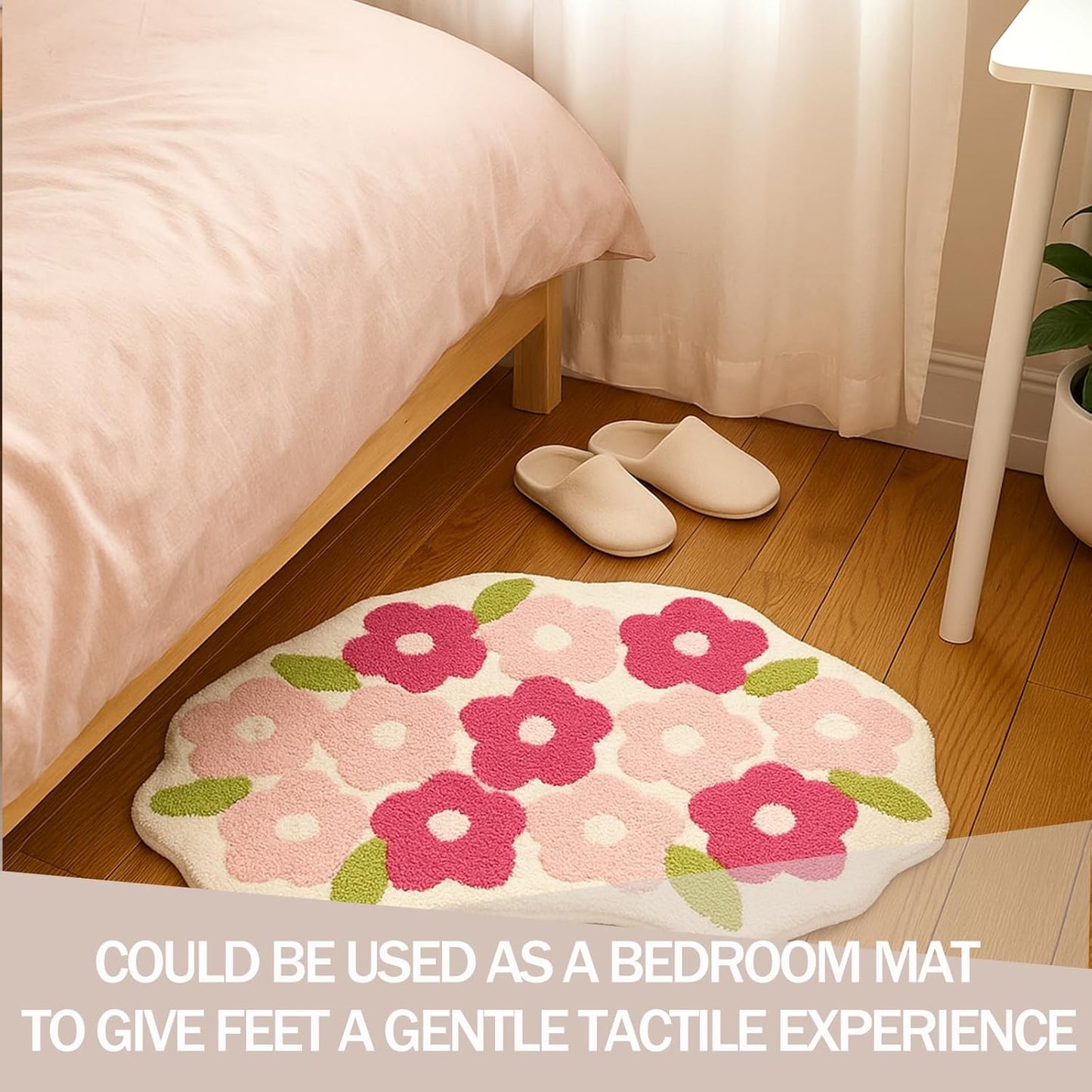 Pink Flowers Bathroom Rug, Soft Tufted Plush Washable Non-Slip Pretty Floral Bath Mat, Bedroom Kitchen Floor Door Mat for Home