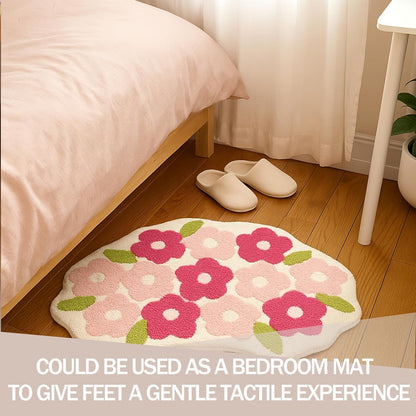 Pink Flowers Bathroom Rug, Soft Tufted Plush Washable Non-Slip Pretty Floral Bath Mat, Bedroom Kitchen Floor Door Mat for Home