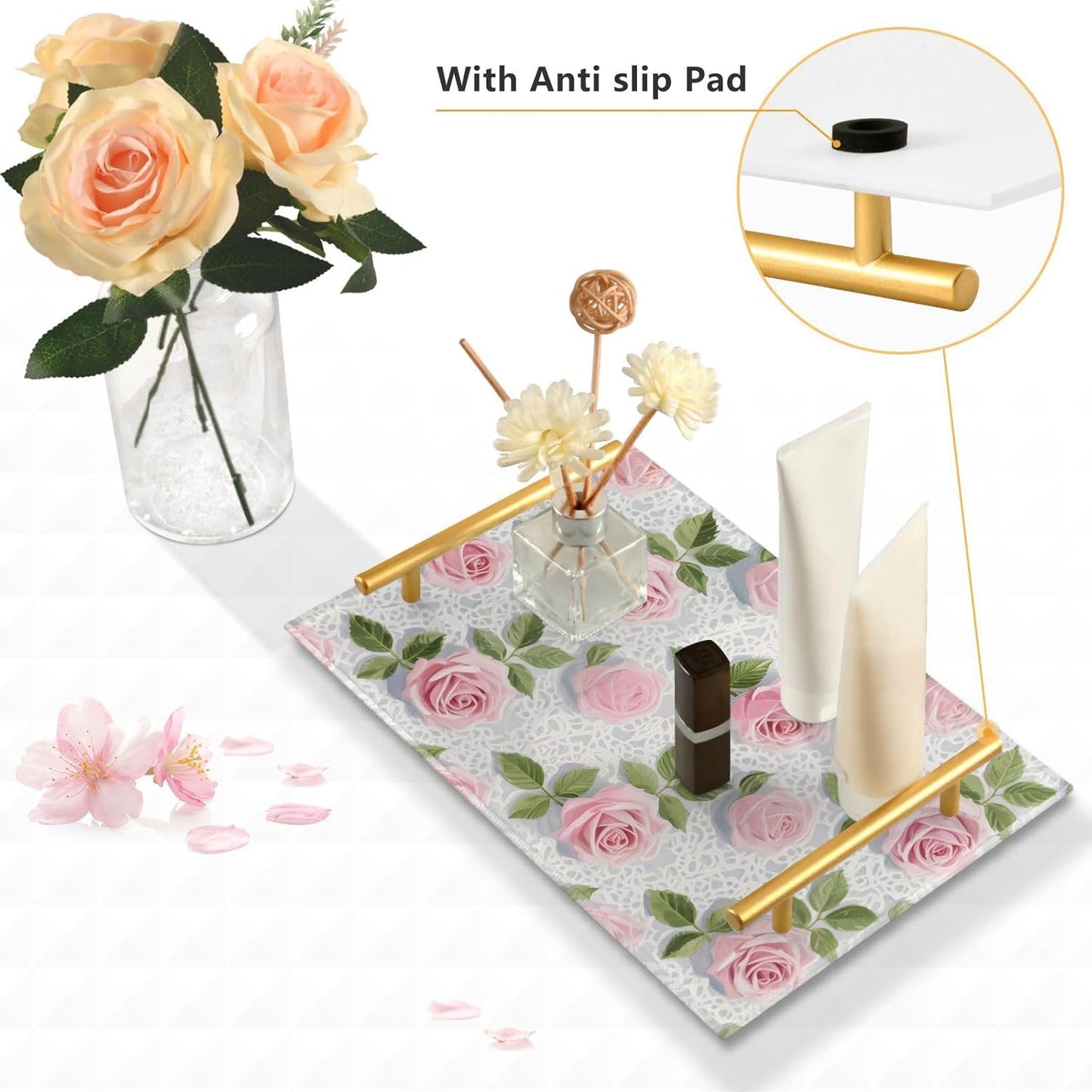 Pink Lace Rose Flowers Decorative Acrylic Cafeteria Tray with Handles Decorative Serving Trays for Jewelry Perfume for Party Serving bandeja para Comer