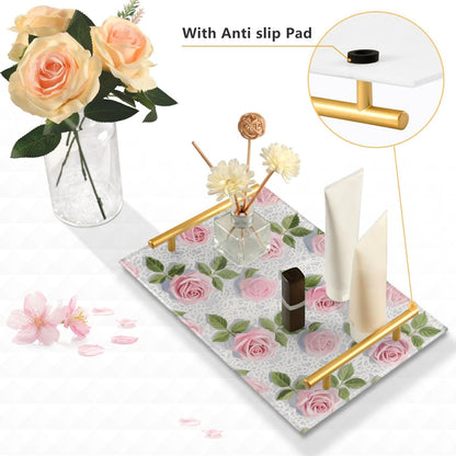 Pink Lace Rose Flowers Decorative Acrylic Cafeteria Tray with Handles Decorative Serving Trays for Jewelry Perfume for Party Serving bandeja para Comer