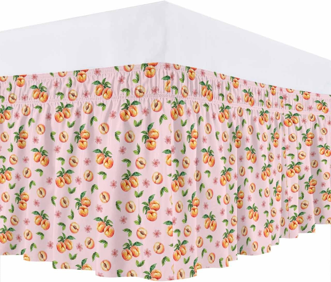 Bed Skirt Pink Peaches Bedskirt 16 Inch Drop Flowers Summer Fruit Adjustable Elastic Wrap Around Bed Skirts Dust Ruffle for Queen Size Bed Frame Cover