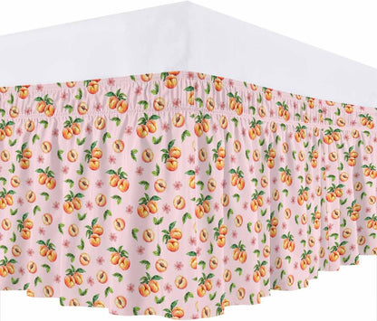Bed Skirt Pink Peaches Bedskirt 16 Inch Drop Flowers Summer Fruit Adjustable Elastic Wrap Around Bed Skirts Dust Ruffle for Queen Size Bed Frame Cover