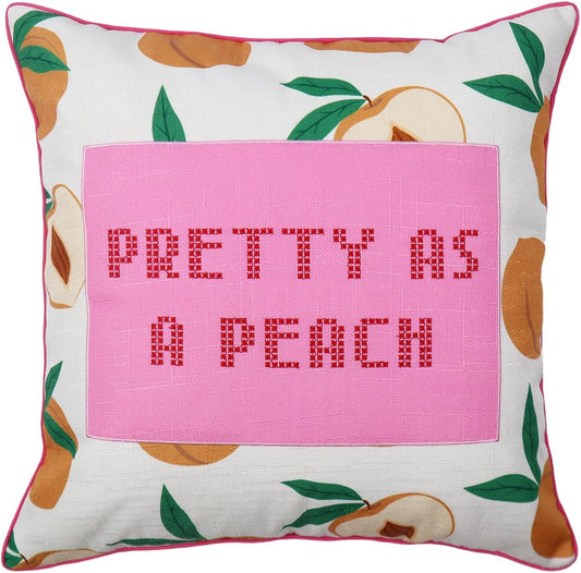 Yellow Peach Pillow Cover 18x18 Inch, Pretty As A Peach Cross Stitch Embroidery Throw Pillow Covers, Farmhouse Cottagecore Accent Decor for Couch, Bedroom, Sofa or Car