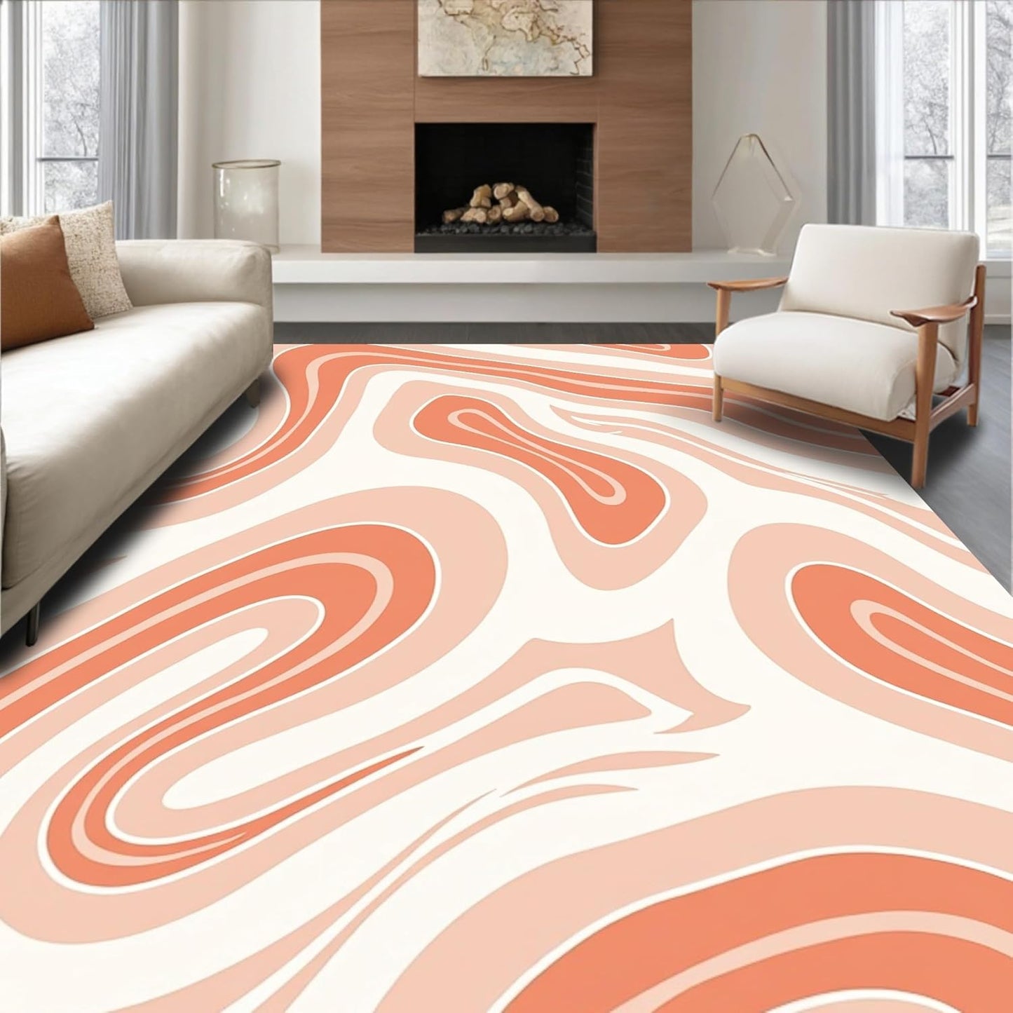 Design&I Flatwoven Area Rug 4x6 ft, Artistic Abstract in Peach and Cream Swirls, Machine Washable, Stain Resistant Indoor Rug for Living Room, Bedroom, Non Slip Decor (Pad)