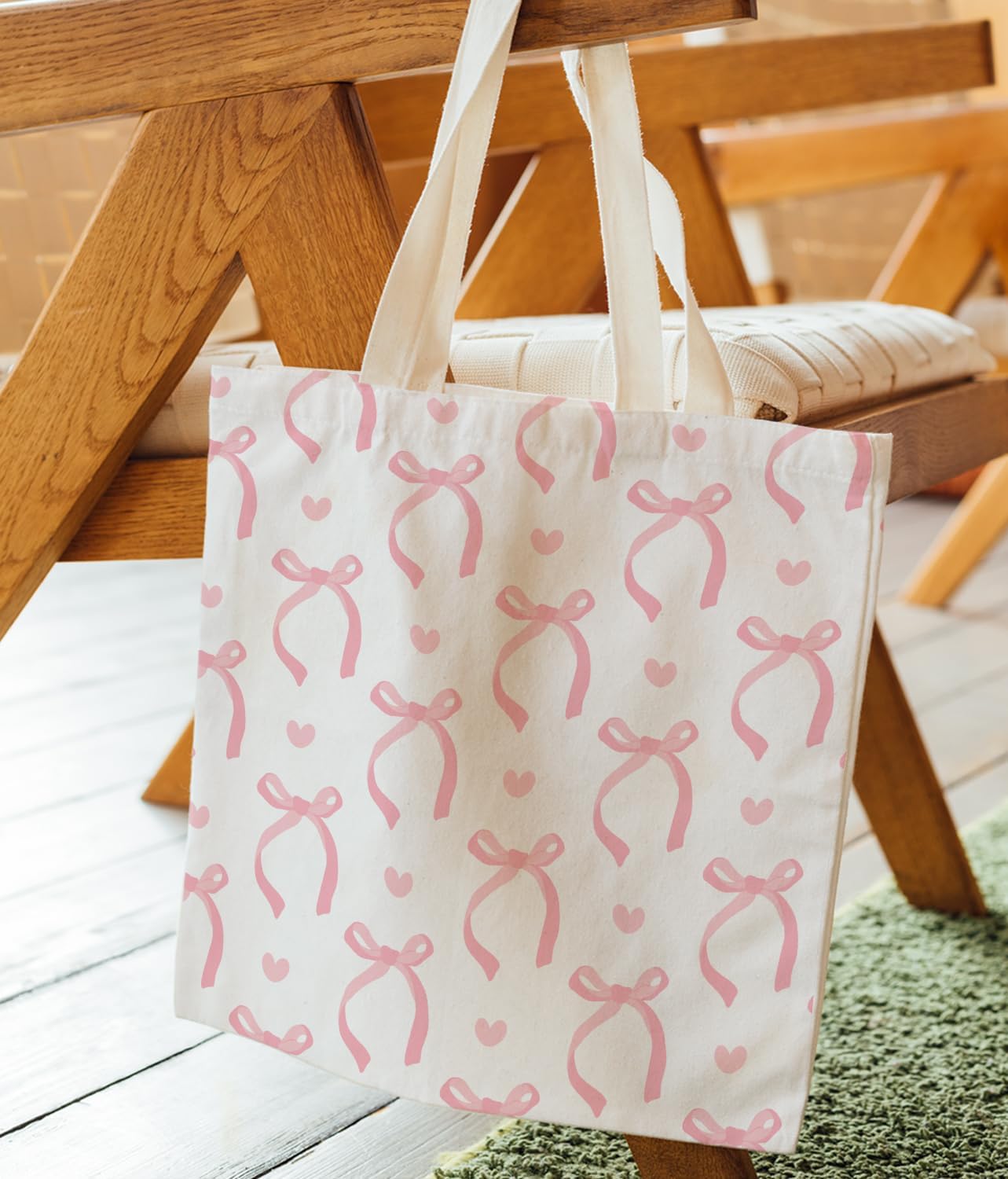Coquette Pink Bow Preppy Canvas Library Tote Bag Gifts for Women Teen Girls，Canvas Bags With Handles