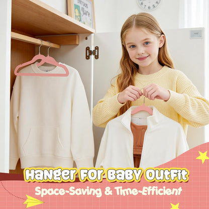 Korpai 50 Pack Kids Velvet Hangers 14 Inch, Non-Slip, Ultra Slim,Space-Saving Kids Hangers with 360° Swivel Hook, 7LBS Capacity, Kids Clothes Hangers Ideal for Childrens' Dresses/Shirts/Coats,Pink