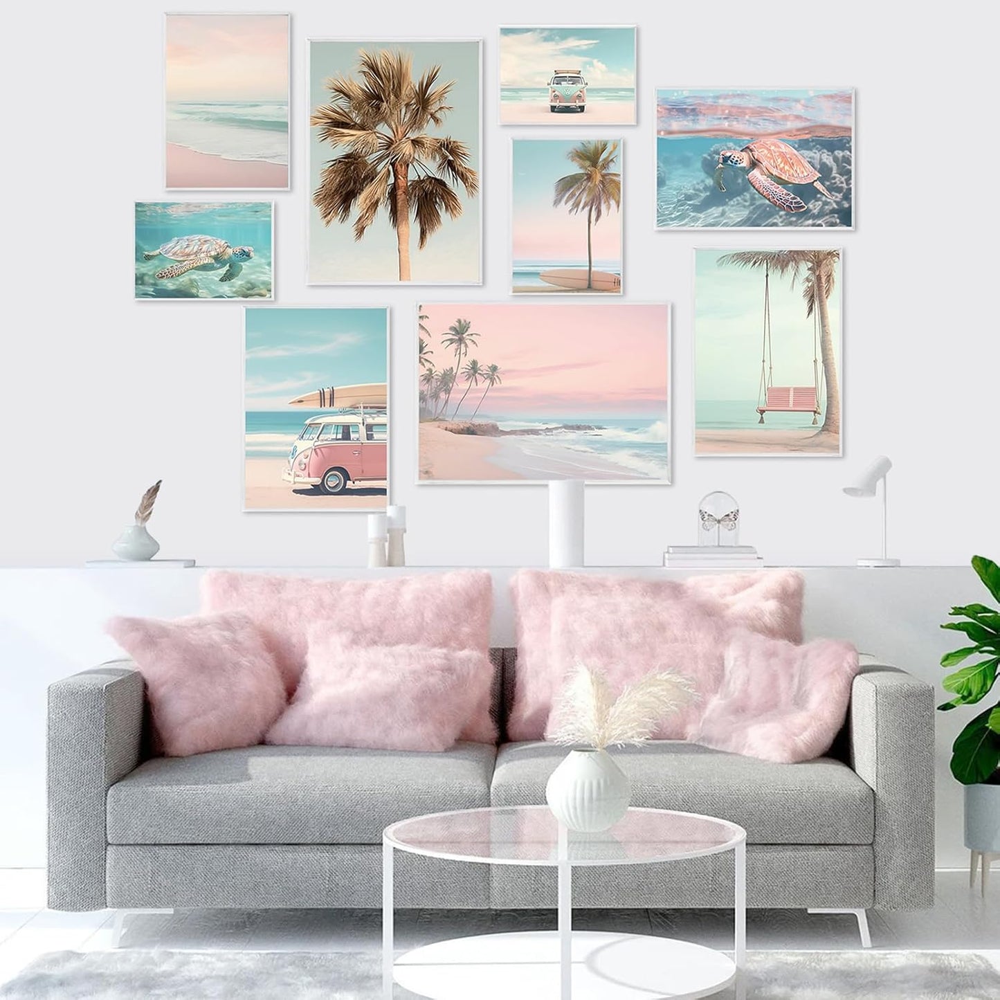 FYSUIMU 9Pcs Coastal Wall Art Prints Fresh Pink Tropical Summer Ocean Art Poster California Beachy Seascape Wall Decor for Gallery Living Room Bedroom (Unframed)