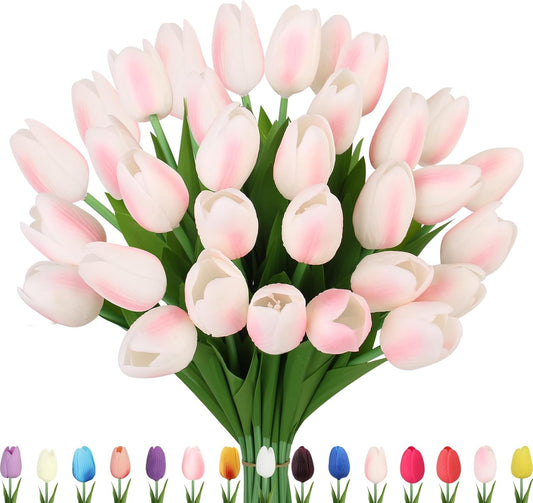 Artificial Tulips Flowers Fake Latex Tulip Stems - 30pcs Real Touch Faux Multicolor Tulips Flower for Easter Spring Wedding Bouquet Centerpiece Floral Arrangement Cemetery Table Decor