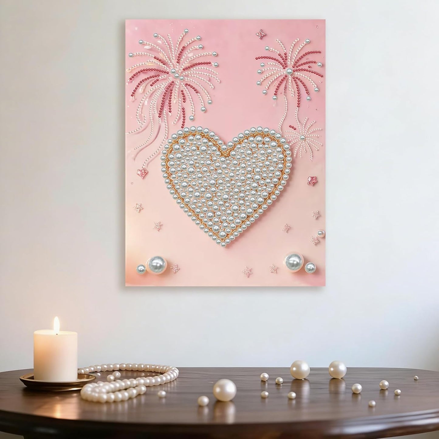 Pink Heart Pearl Art Painting with Frame, 30x40cm Textured Handmade DIY Gem Art Kit, Complete Home Wall Decor Set for Beginners, Living Room & Creative Gift for Adults