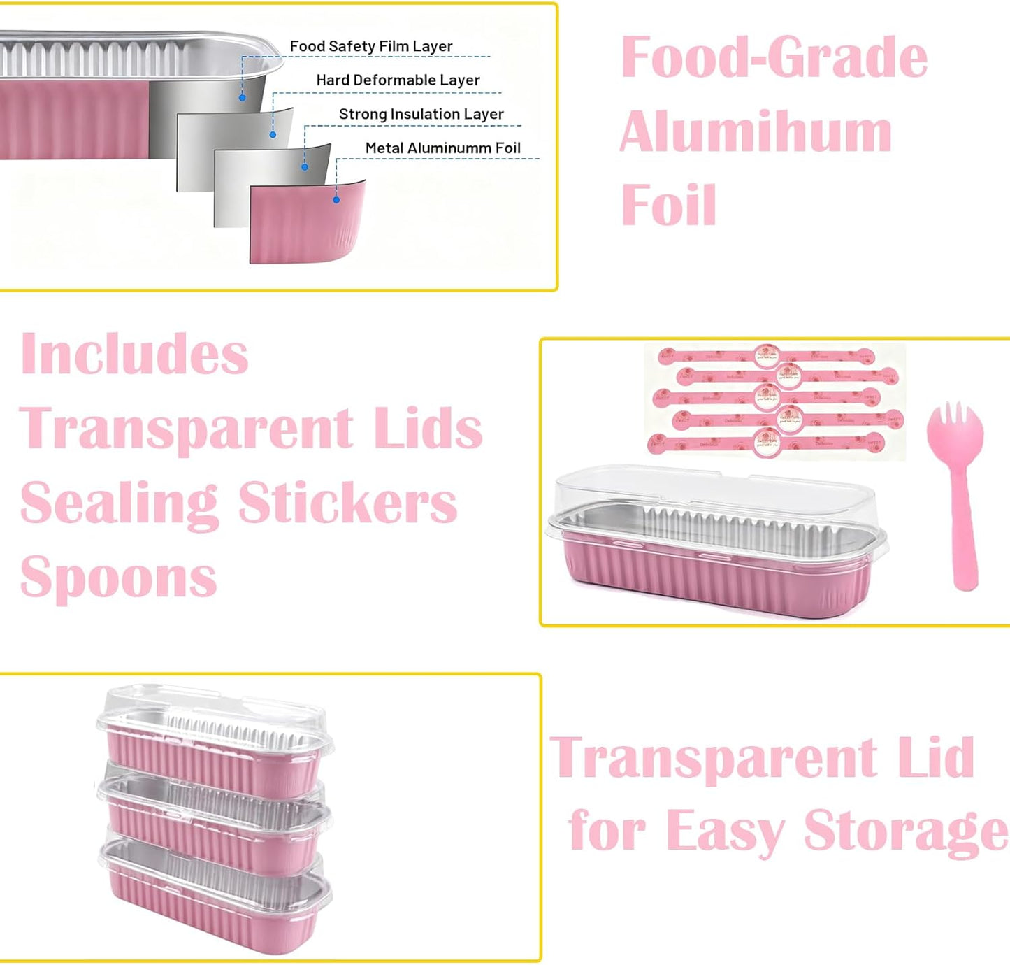 100 Pack Mini Loaf Pans with Lids and Spoons Sealing Sticker, 6.8oz Mini Cake Pans for Baking, Disposable Aluminum Foil Loaf Pans, Loaf Baking Pans, Small Cake Containers With Lids (Pink)