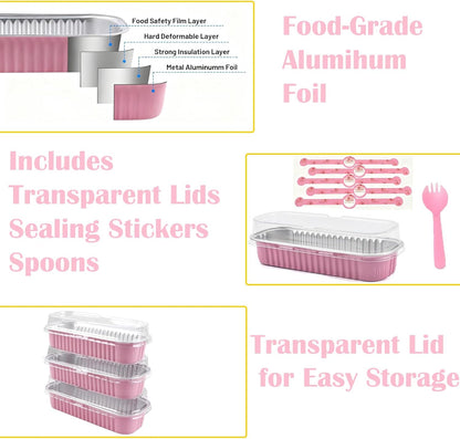 100 Pack Mini Loaf Pans with Lids and Spoons Sealing Sticker, 6.8oz Mini Cake Pans for Baking, Disposable Aluminum Foil Loaf Pans, Loaf Baking Pans, Small Cake Containers With Lids (Pink)
