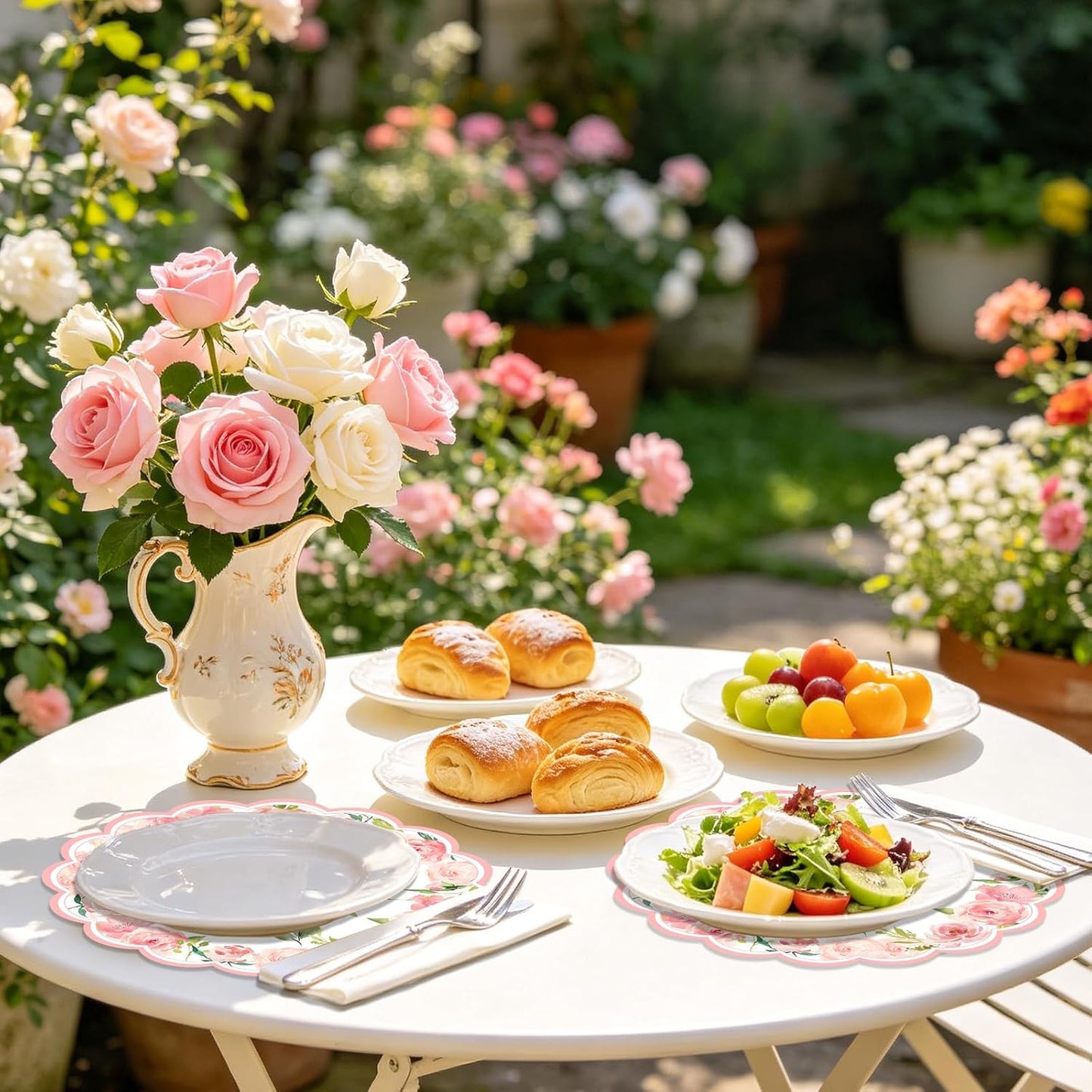 50 Pack Paper Placemats Disposable Pink Rose Floral Wedding Disposable Placemats Round Place Mats Spring Summer Table Mats for Birthday Wedding Anniversary Bride Party Supplies 13.7 Inch