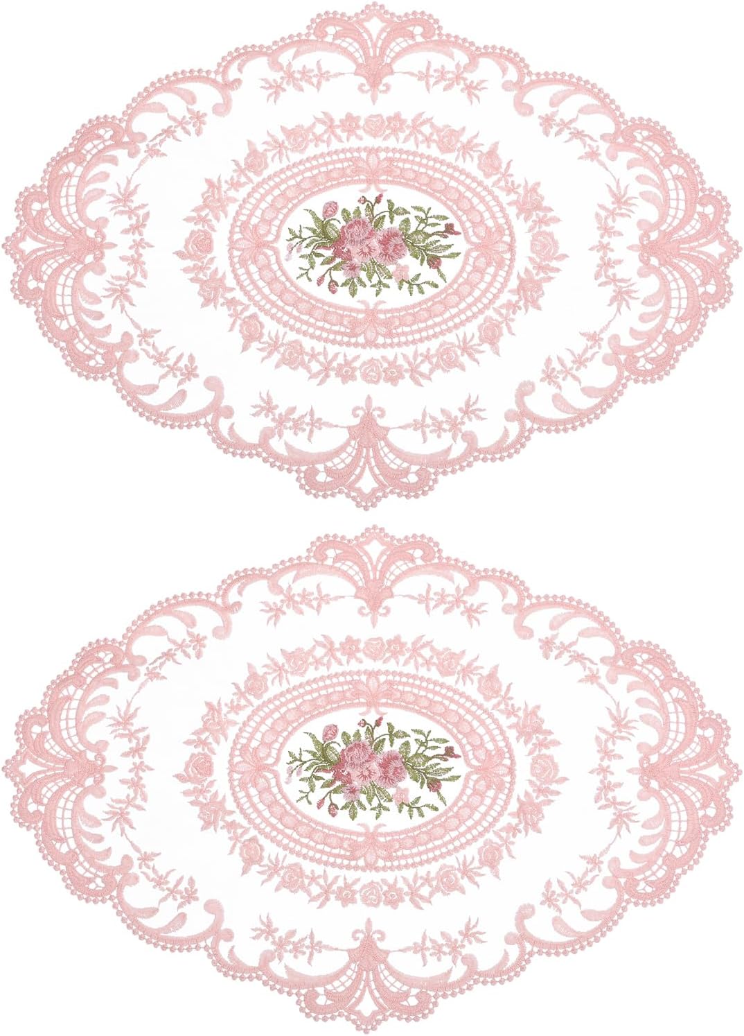 2Pack Retro Lace Placemat 12x16-in Oval Embroidered Table Place Mats French Crochet Doilies Coasters Cup Mat for Home Wedding, Pink