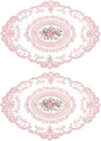 2Pack Retro Lace Placemat 12x16-in Oval Embroidered Table Place Mats French Crochet Doilies Coasters Cup Mat for Home Wedding, Pink