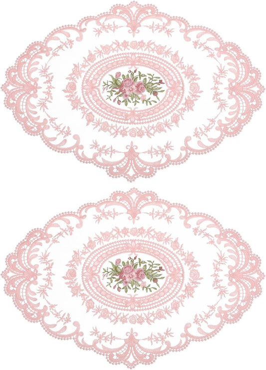 2Pack Retro Lace Placemat 12x16-in Oval Embroidered Table Place Mats French Crochet Doilies Coasters Cup Mat for Home Wedding, Pink