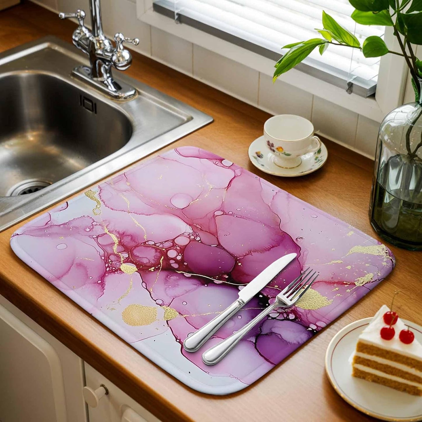 Dish Drying Mat Ombre Pink Golden Marble Texture Kitchen Counter Drying Pad for Dishes Glasses Cups and Cookware Abstract Art Absorbent Dish Drying Mat Kitchen Accessories 2 Pack 16" x 18"