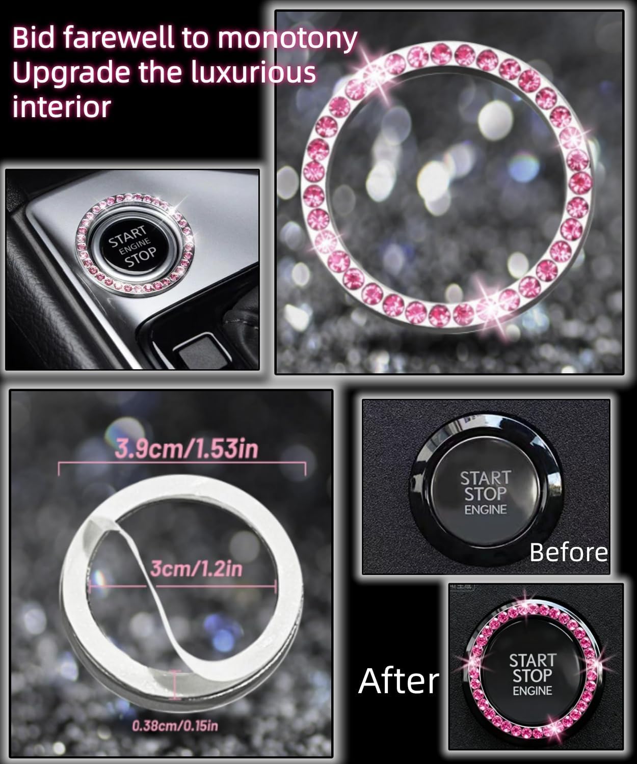 11 pcs Bling Car Accessories Set for Women, Steering Wheel Cover, Sparkly Seat Belt Covers, Daisy Vent Clips, Bling Shift Cover，Universal Fit Most Cars (Pink Diamond)