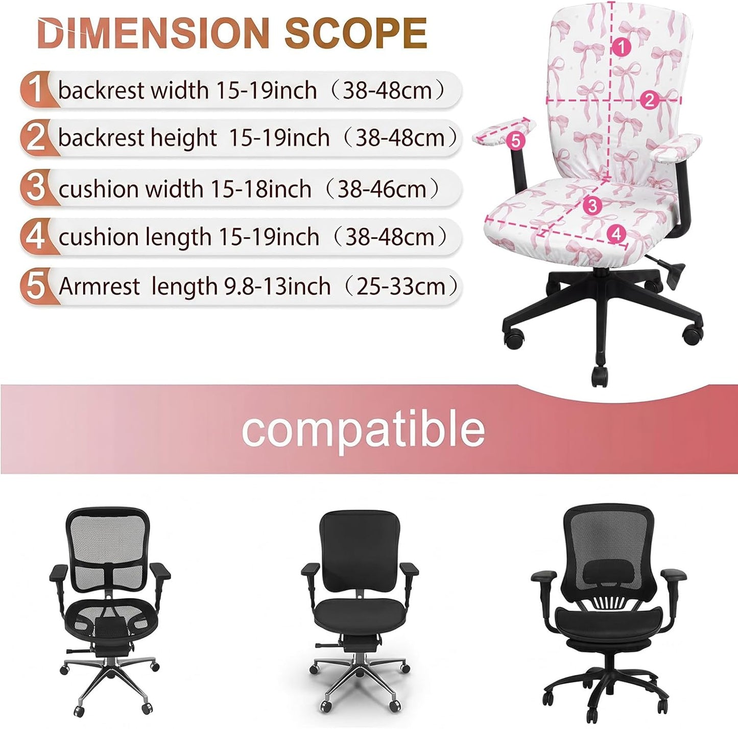 Suncalla 4 Pcs Pink Bow Printed Office Chair Covers Set Stretch Computer Universal Protective Stretchable Chair Seat Covers Washable Desk Armrest Slipcovers Pads Office Cushion Backrest for Rotating