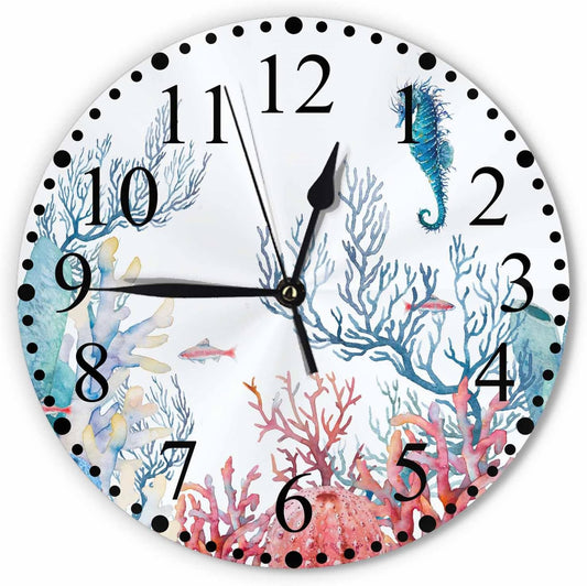 Watercolor Corals Wall Clock 10 Inch Battery Operated Underwater Fishes Blue Hippocampus Beautiful Ocean Clock Silent Non-Ticking Modern Clocks Decorative for Home Kitchen Living Room Bathroom Office