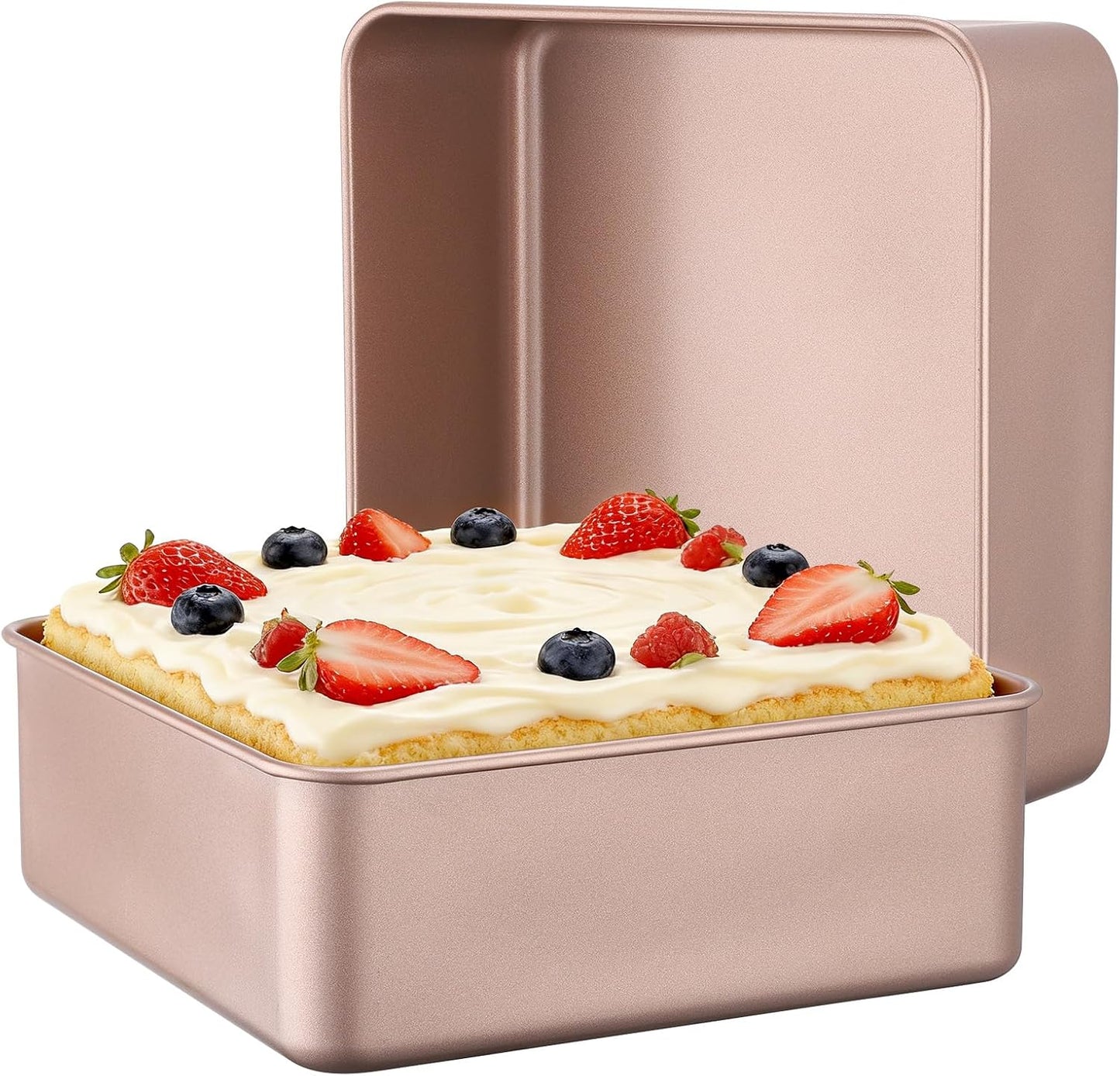 Beasea 9x9 Inch Square Baking Pan, 2 Pack Carbon Steel Square Cake Pans for Oven Baking, Nonstick Deep Cookie Sheet Tray Cake Mold for Brownie, Lasagna, Bread, Cheesecake - Rose Gold