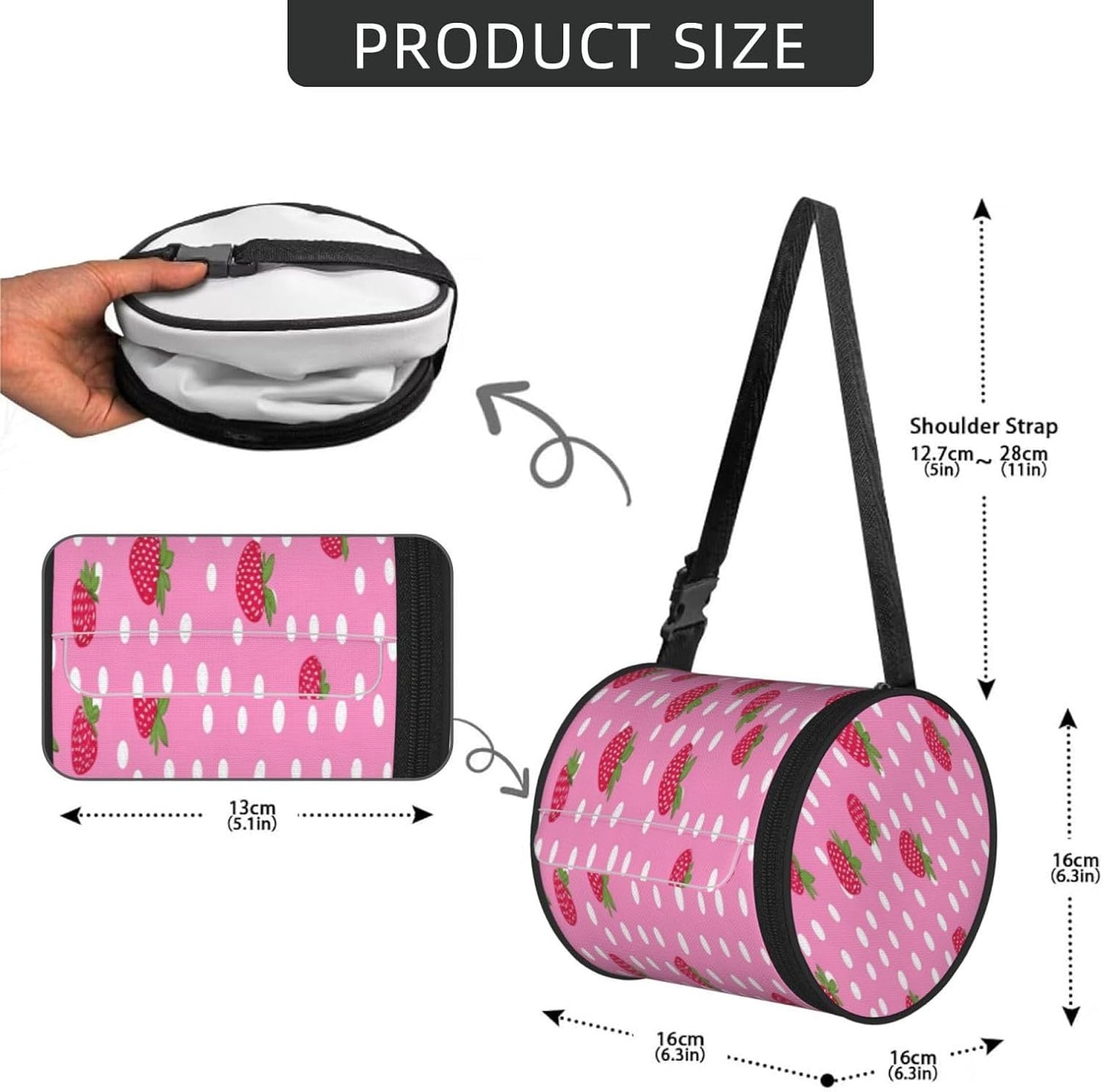 Oxford Cylinder Tissue Holder, Round Tissue Container Pink Strawberry Dots - 6.3''X6.3'' Portable Toilet Paper Roll Cover Tissue Box for Home Car Camping Office Travel