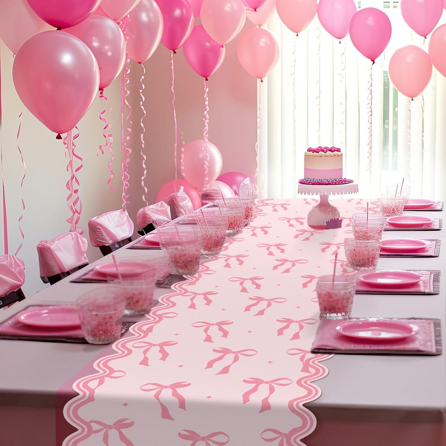 Pink Bow Table Runner 72 Inches Cute Heart Linen Fabric Scalloped Table Runner Coquette Dining Decor for Birthday Baby Shower Party School Home Decor(Bow B)