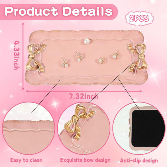 Wowagoga 2 PCS Vintage Decorative Tray Jewelry Tray Storage Tray Pink Decorative Organizer for Jewelry Bracelets Cosmetics and Bow Room Decor
