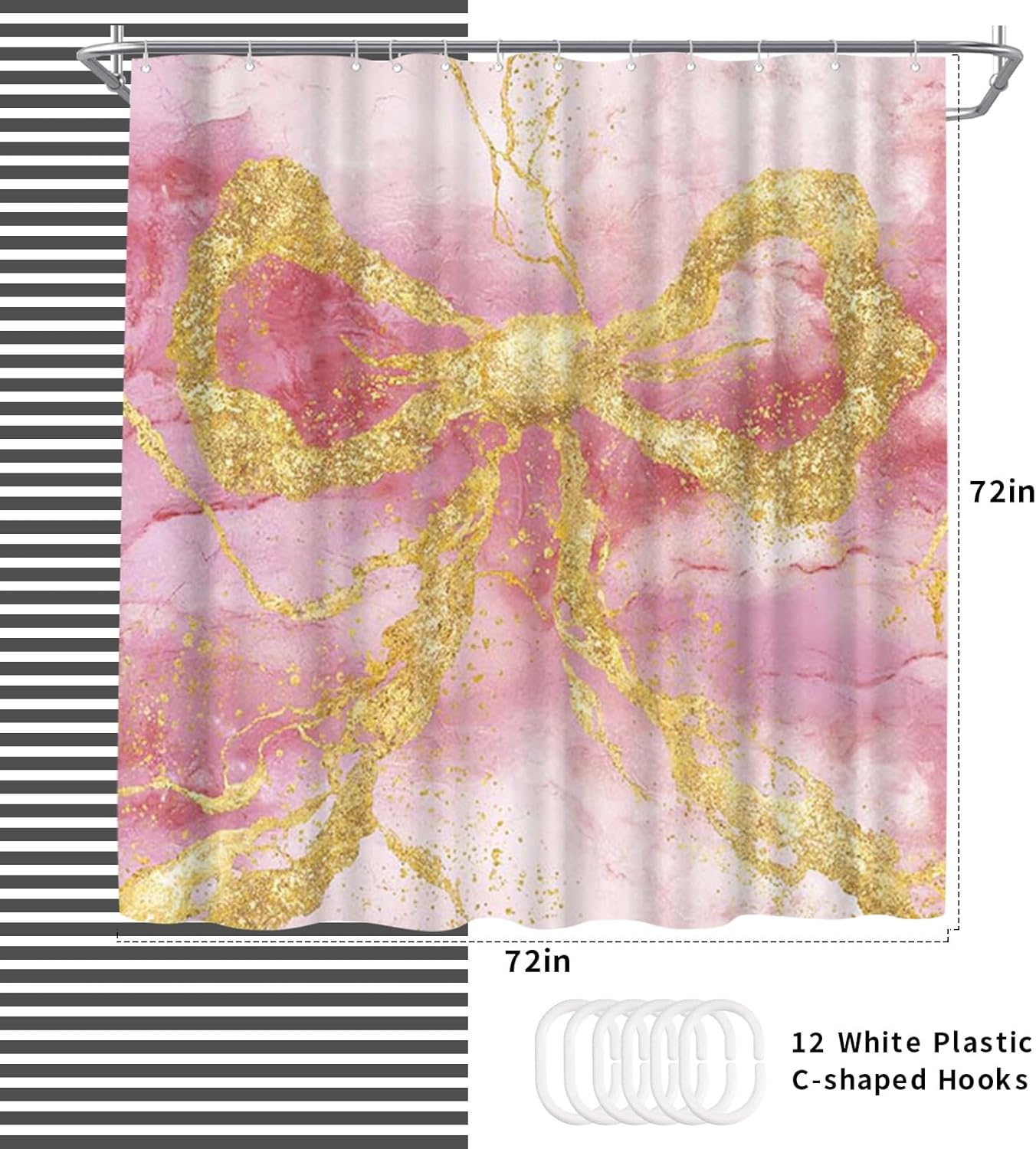 WELMECO Gold Bow Shower Curtain Modern Abstract Marble Shower Curtain 72x72inch Machine Washable Polyester Fabric with 12 Hooks Bathroom Decor (Pink)