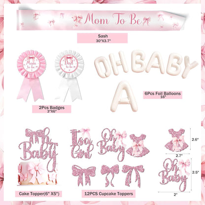 Costova Pink Bow Baby Shower Decorations Kit – 144 Pcs Complete Coquette Baby Shower Party Supplies for Girl Pink Bow Themed Party Décor