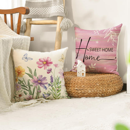 AVOIN colorlife Spring Saying Flowers Butterfly Pink Throw Pillow Covers, 18 x 18 Inch Home Sweet Home Cushion Case for Sofa Couch Set of 4