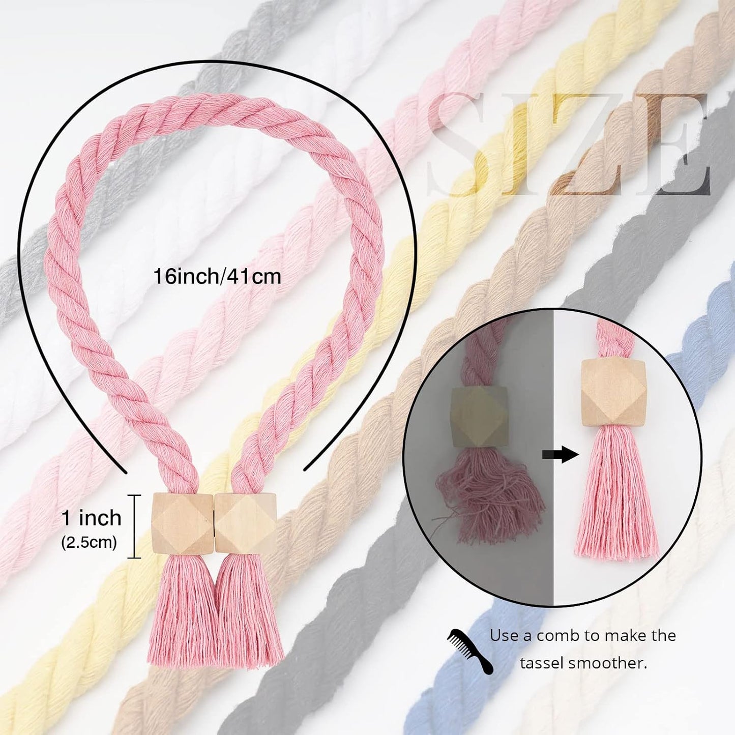 NICEEC 2 Pack Wooden Polyhedron Magnetic Curtain Tiebacks Boho Home Decor Drape Tie Backs Natural Cotton Hand Woven Rope Curtain Holdbacks for Home & Office Window Draperies (Pink)