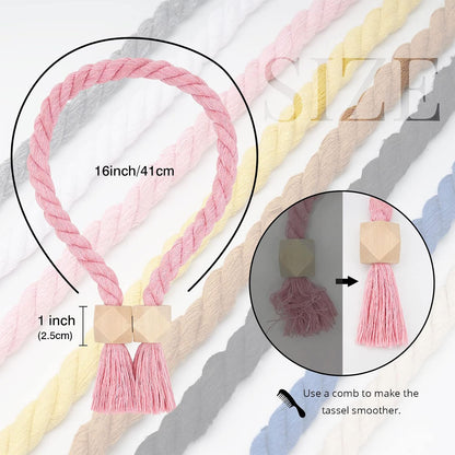 NICEEC 2 Pack Wooden Polyhedron Magnetic Curtain Tiebacks Boho Home Decor Drape Tie Backs Natural Cotton Hand Woven Rope Curtain Holdbacks for Home & Office Window Draperies (Pink)