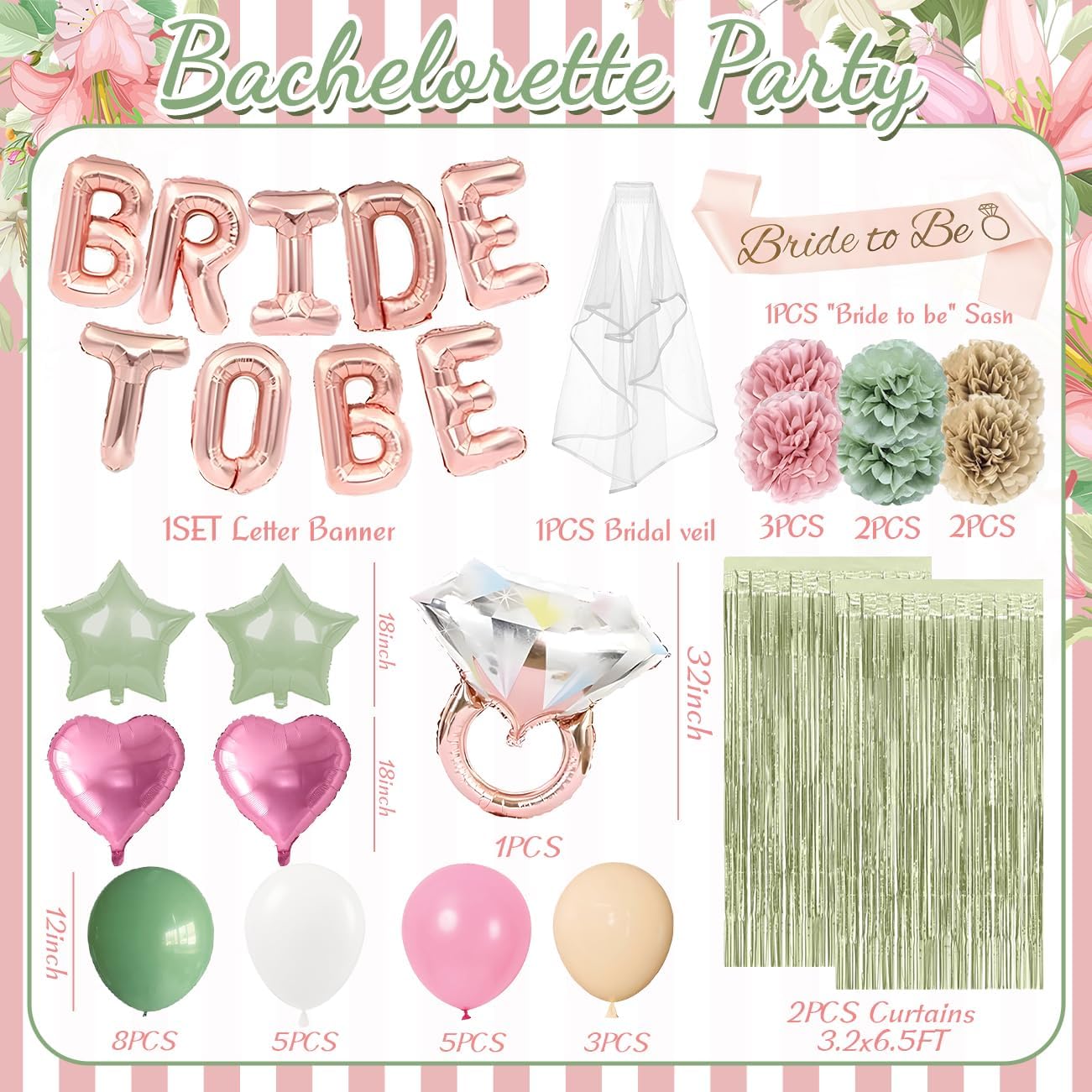 Bachelorette Party Decorations Bridal Shower Decorations 38PCS Pink and Green Party Decorations Included Bride to Be Balloons Sash Veil and Foil Curtains for Bachelorette Party Supplies